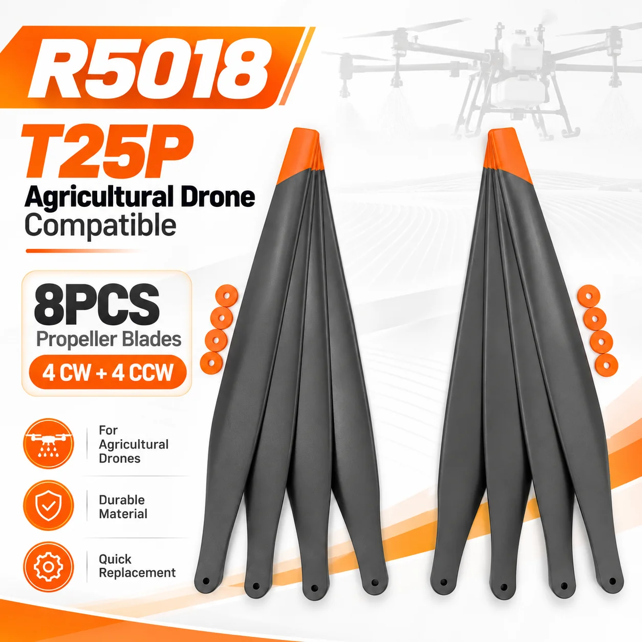 R5018 Props for DJI T25P Agri Drone, Black Wear Resistant Blades, Easy Install, 2/8 PCS