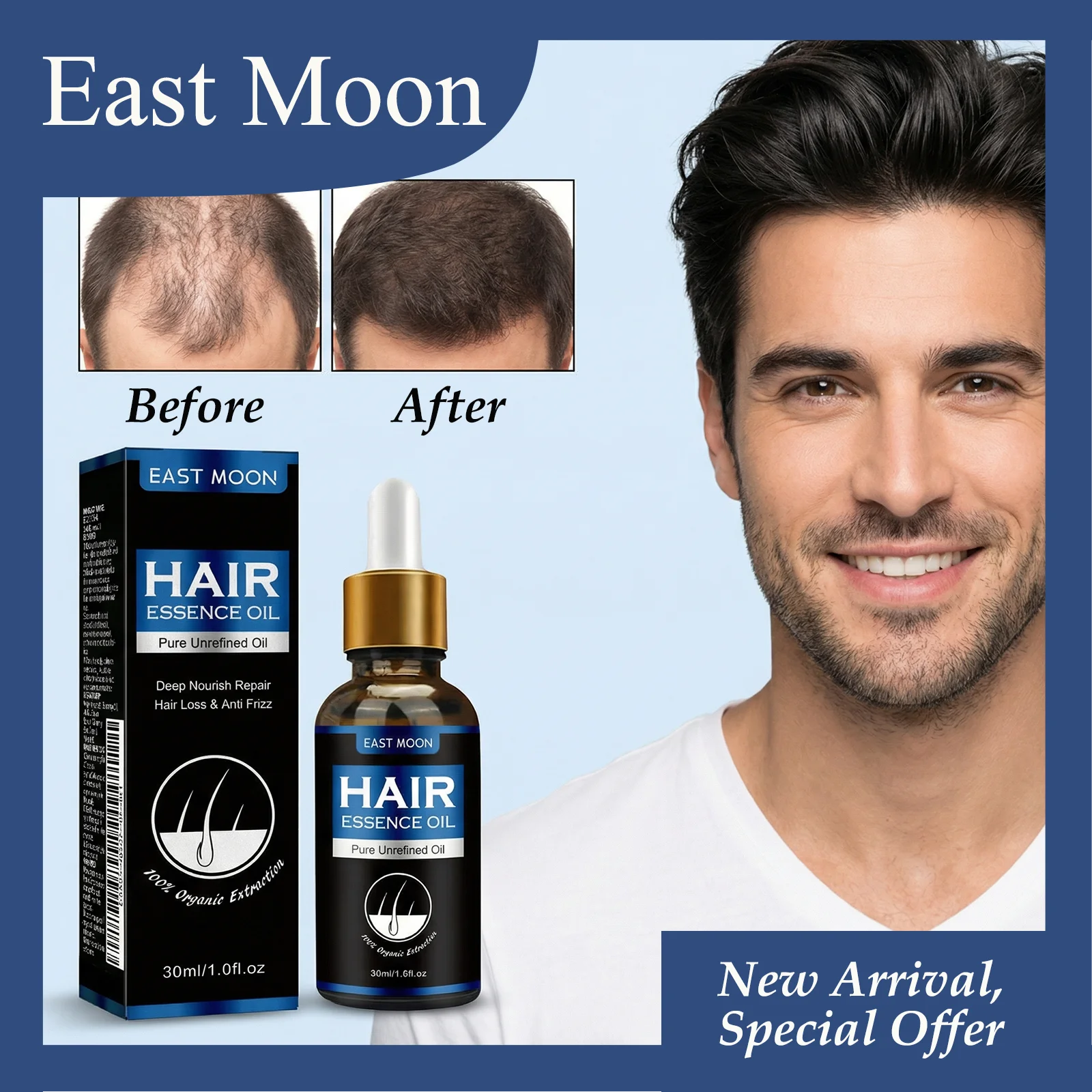 

EAST MOON 30 мл Эссенция-масло для волос: уменьшает седину, придает черный цвет волосам, укрепляет корни волос, уменьшает выпадение волос, средство для ухода за волосами