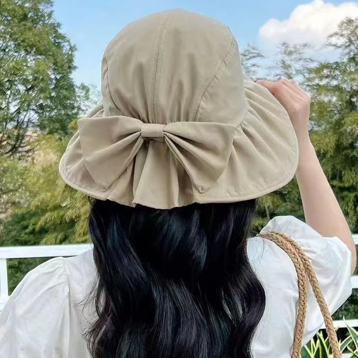 Pure cotton summer Women bungee hat ribbon point elastic band sun protection long bucket hat