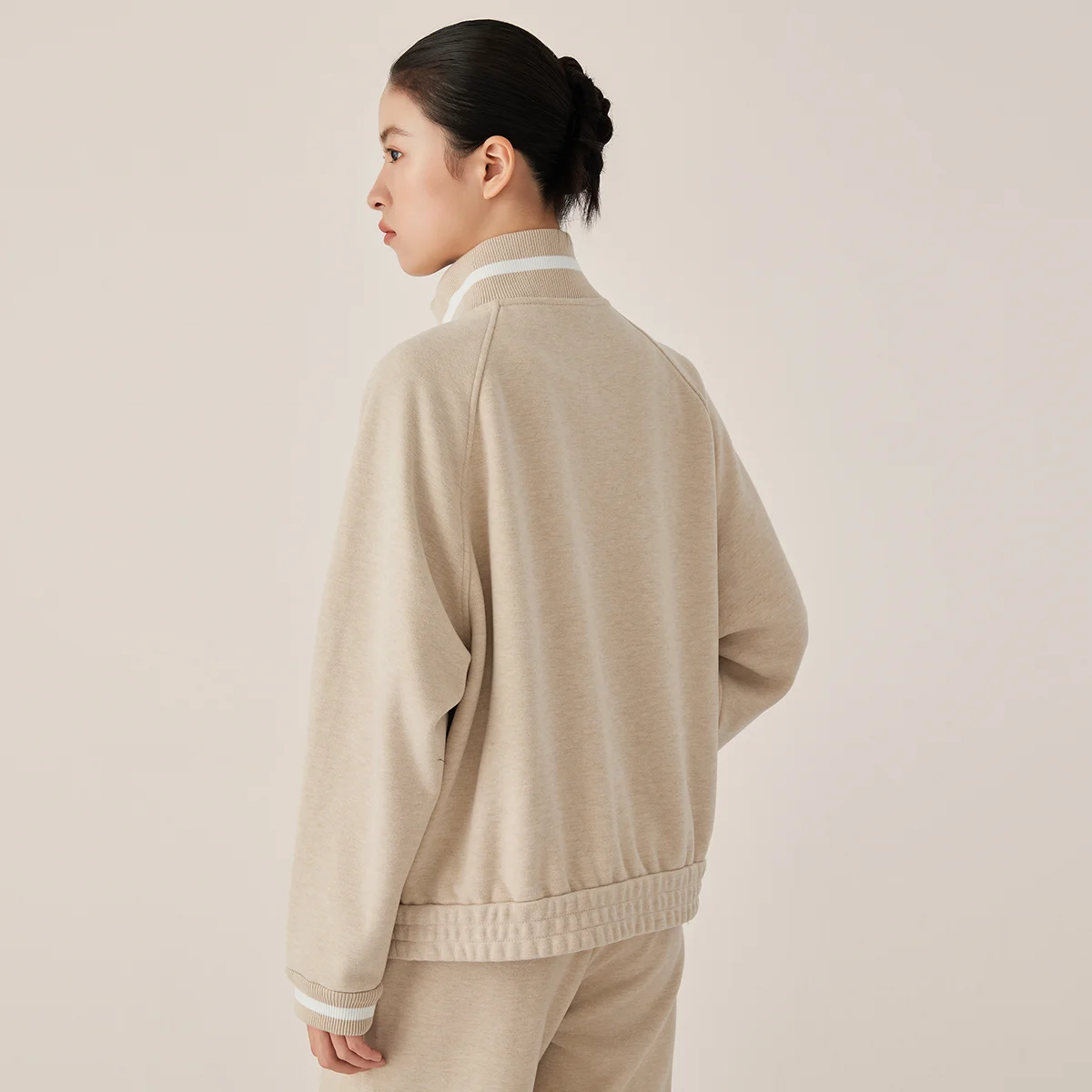 KX7523389 Designer Women's Luxury Wool Cotton Blend Track Jacket Chic Stand Collar Zip-Up Athleisure Outerwear