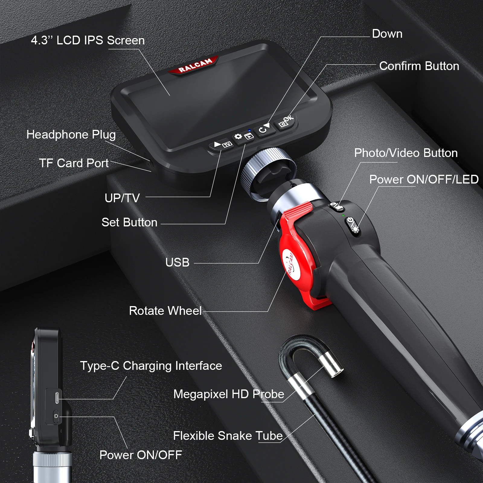 4.3 بوصة شاشة LCD 8.5 مللي متر 6.2 مللي متر 1080P توضيح Borescope 360 ° التوجيه المنظار IP67 سيارة التفتيش كاميرا ل IOS أندرويد