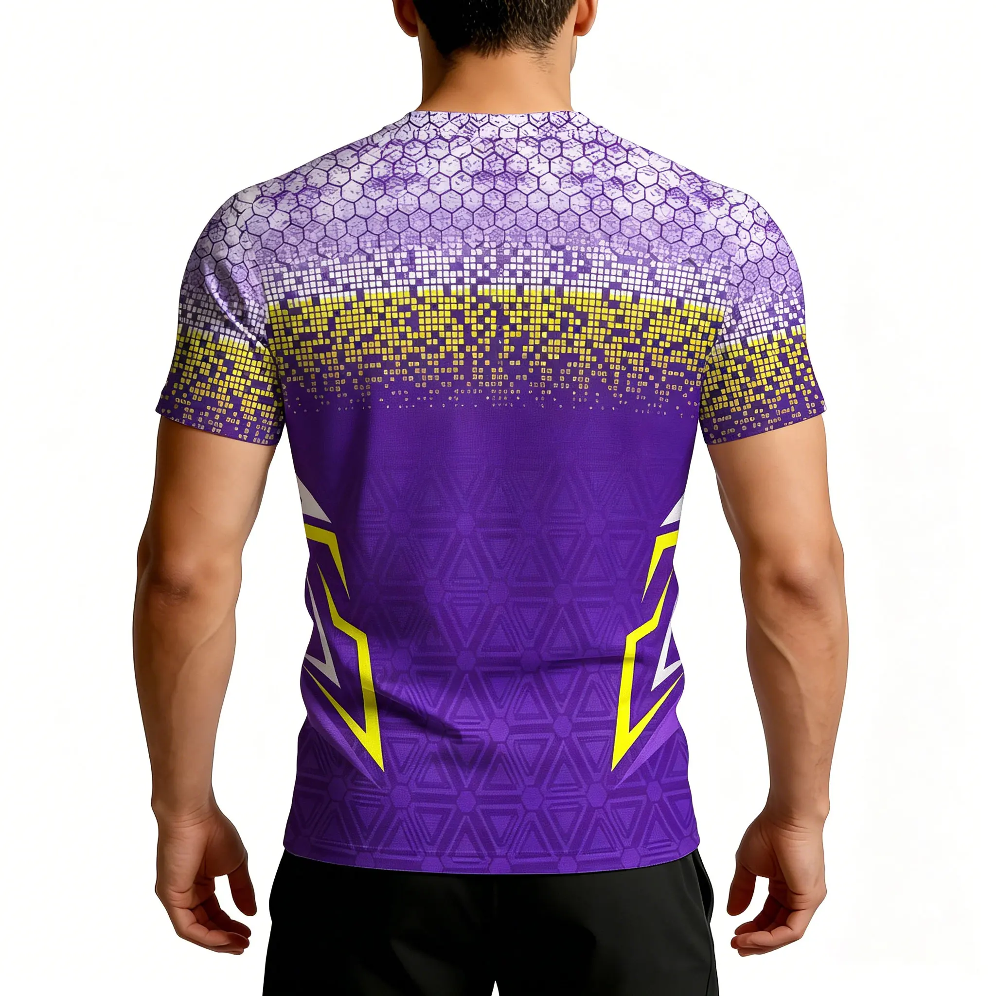 Men's Purple Yellow Hexagon Pixel Gradient Compression T-Shirt, Quick Dry Short Sleeve Gym Fitness Workout Sports Undershirt Tee