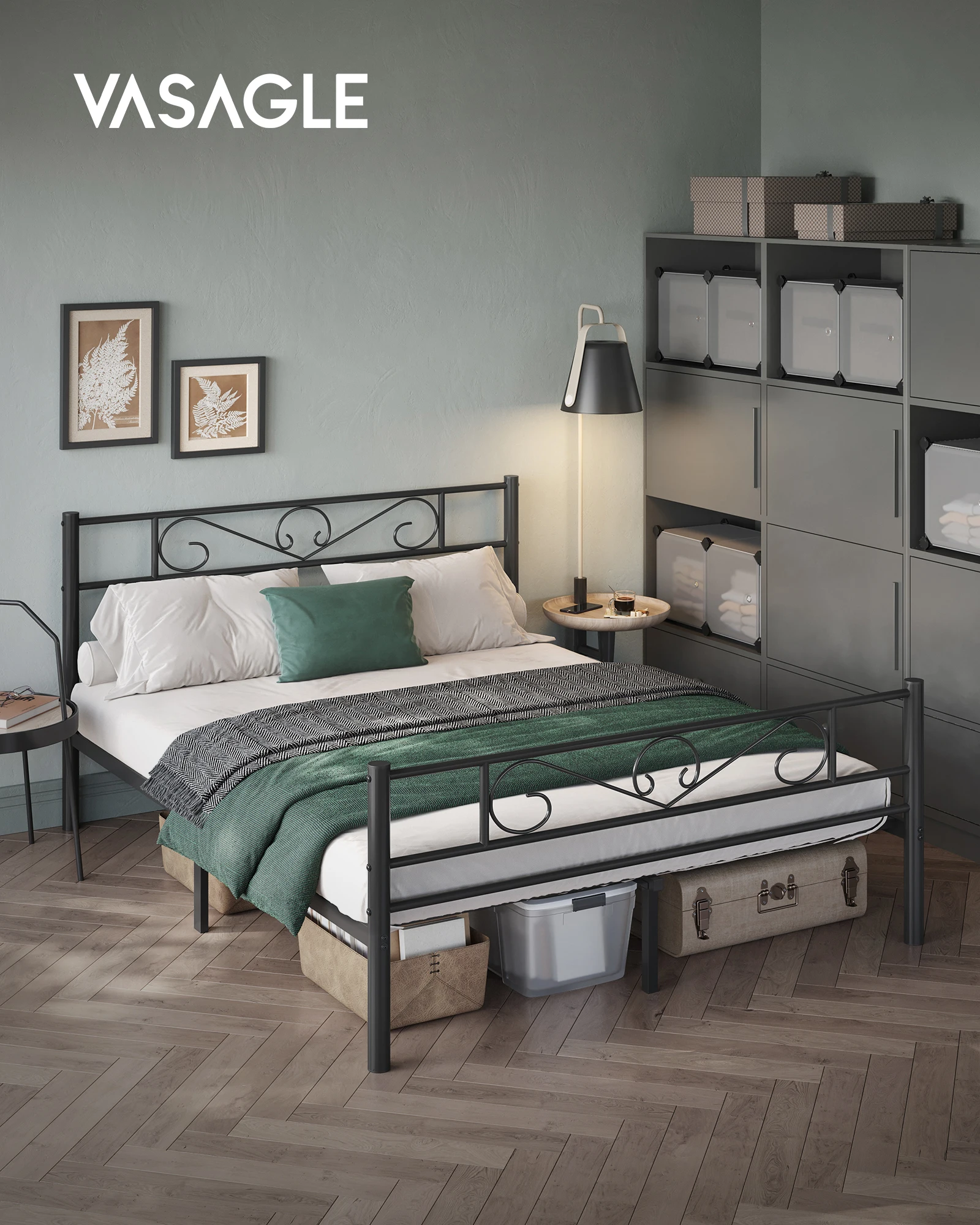 Cadre de Lit 160 x 200 avec Sommier Métal, Lit 2 Personnes, en Métal, Montage Facile, Noir d'Encre/Blanc