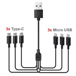 6 In 1 Micro USB/Type C Splitter Cable 3 in 1 USB to Micro USB/Type C Charing Cable For iPhone15 Android Samsung Tablet and More