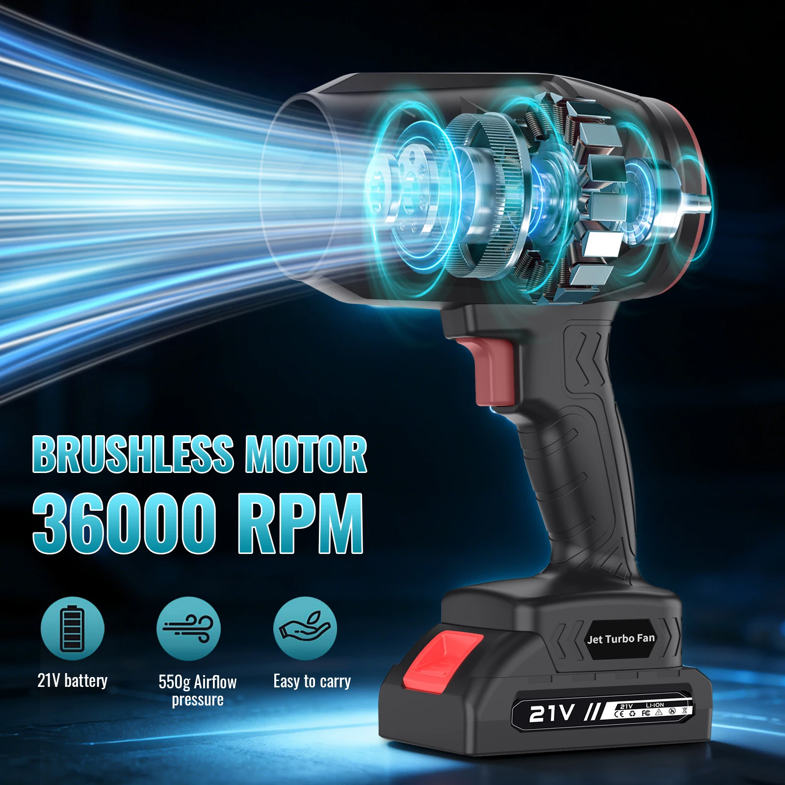 Souffleur électrique turbo portatif haute puissance sans fil pour feuilles, poussière, neige, jardin, voiture, compatible avec batterie Makita