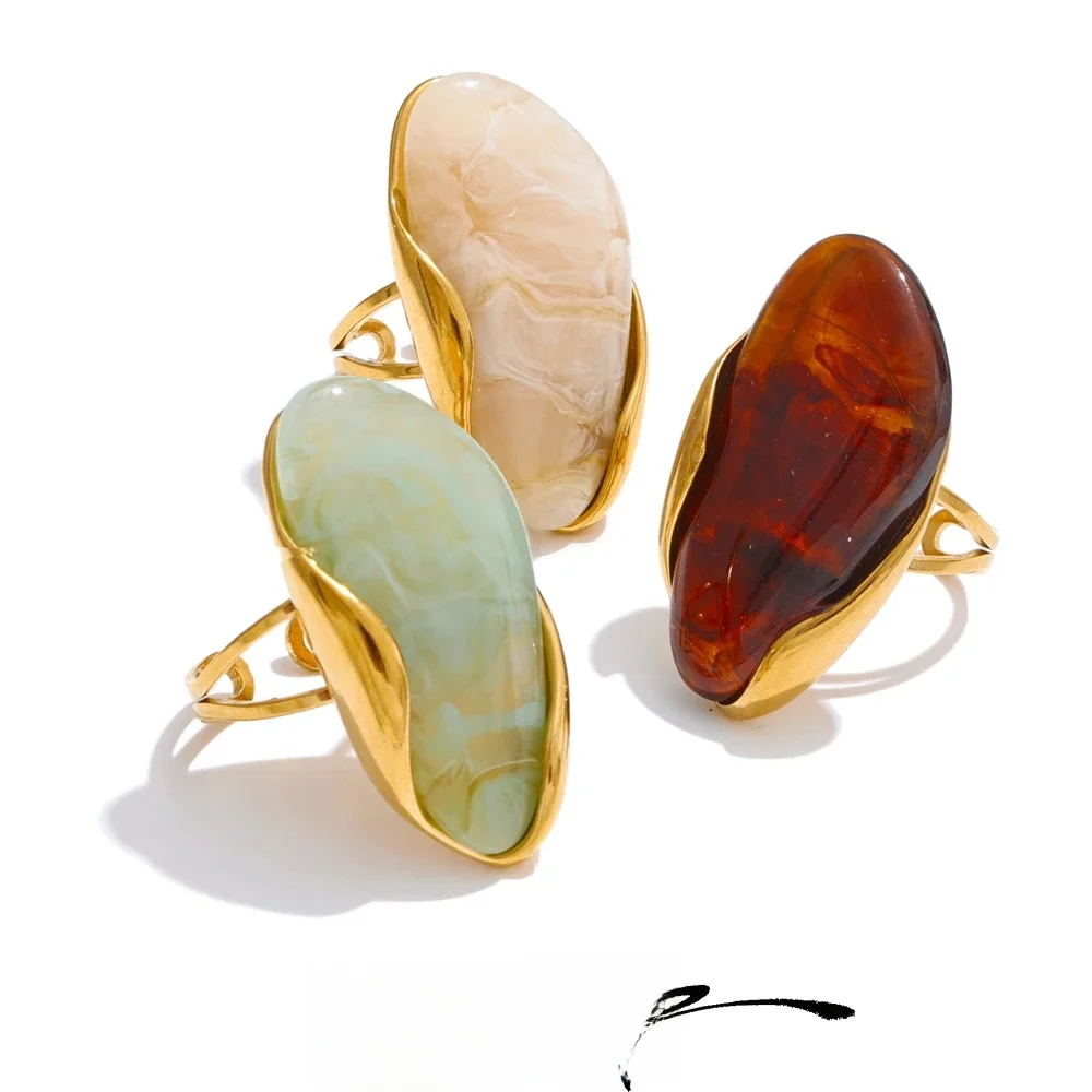 Yhpup nouveau Design marron vert Beige résine géométrique réglable anneau doré PVD acier inoxydable antirouille doigt bijoux cadeau 3