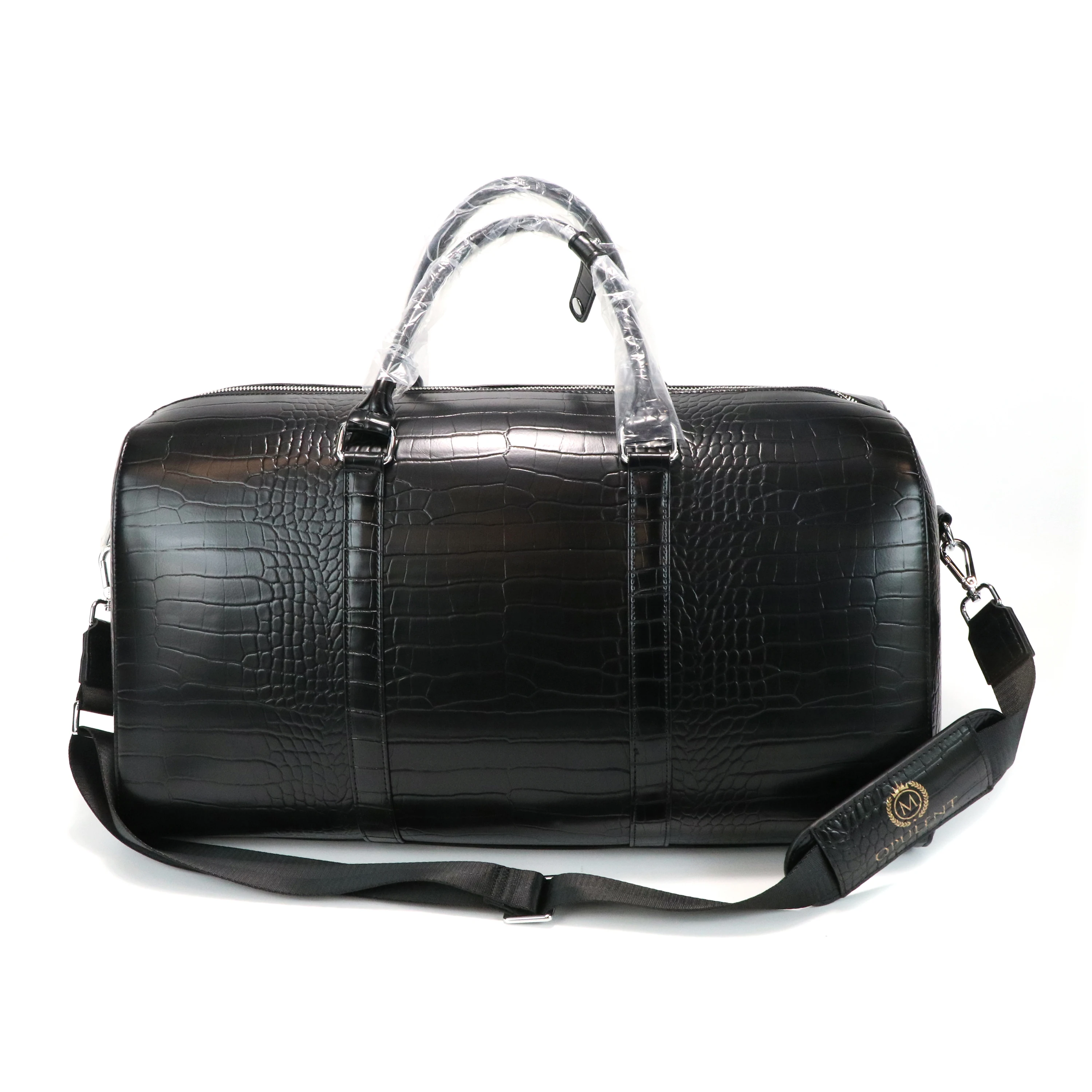 

Black Duffle Bag PU Leather Crocodile Texture Travel Bag with Detachable Shoulder Strap Spacious for Gym Sports Weekend Getaways