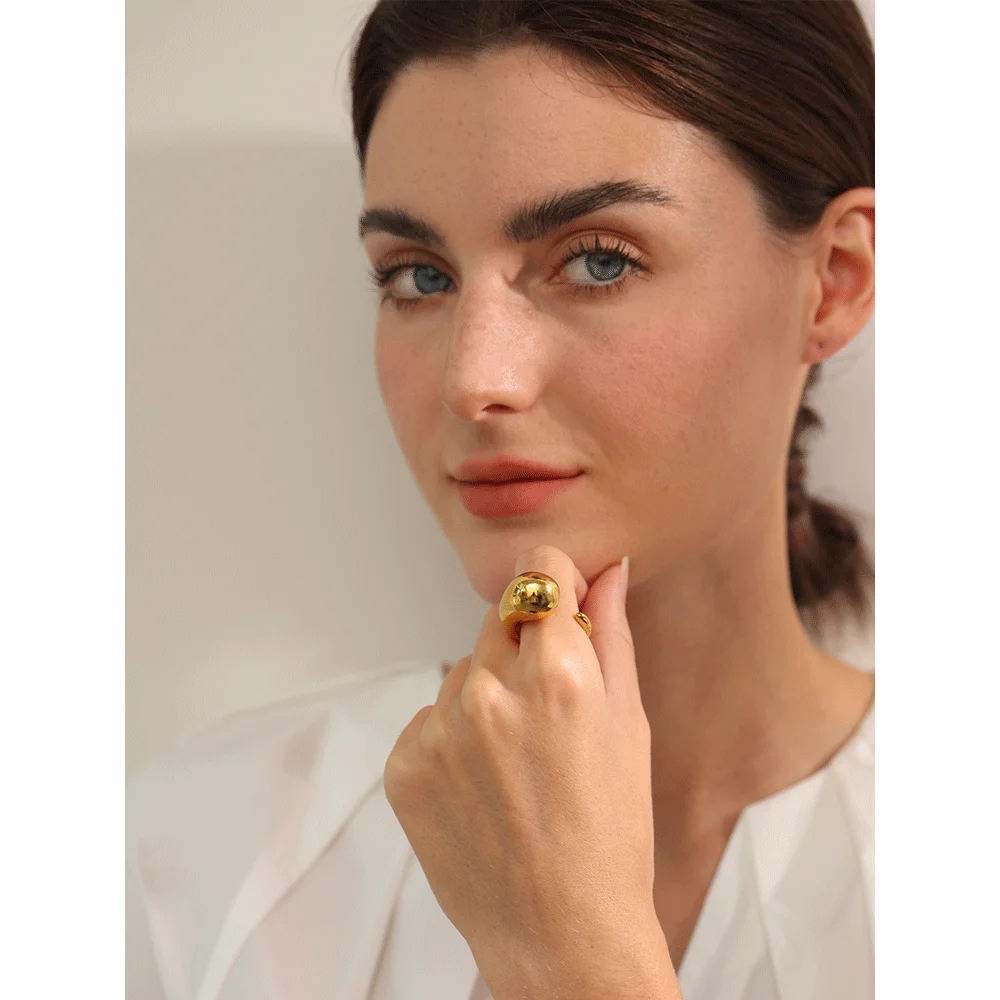 Yhpup Stylish Unique Stainless Steel Metal Thick Geometric Ring for Women Water Resistant 18K PVD Plated Trendy Jewelry