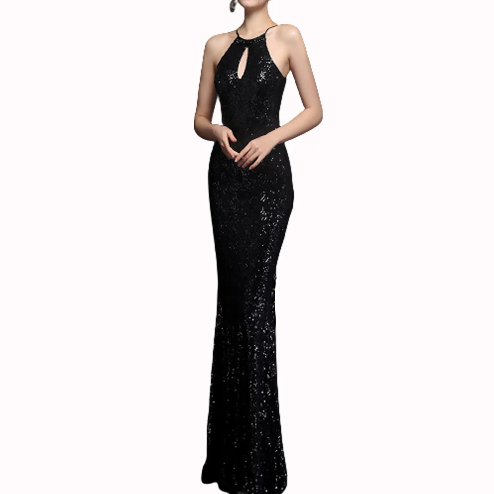 

Beaded Halter Neck Black Evening Dresses Keyhole Mermaid Prom Gown Long Fitted Sequin Celebrity Woman Party Formal Dress Chic