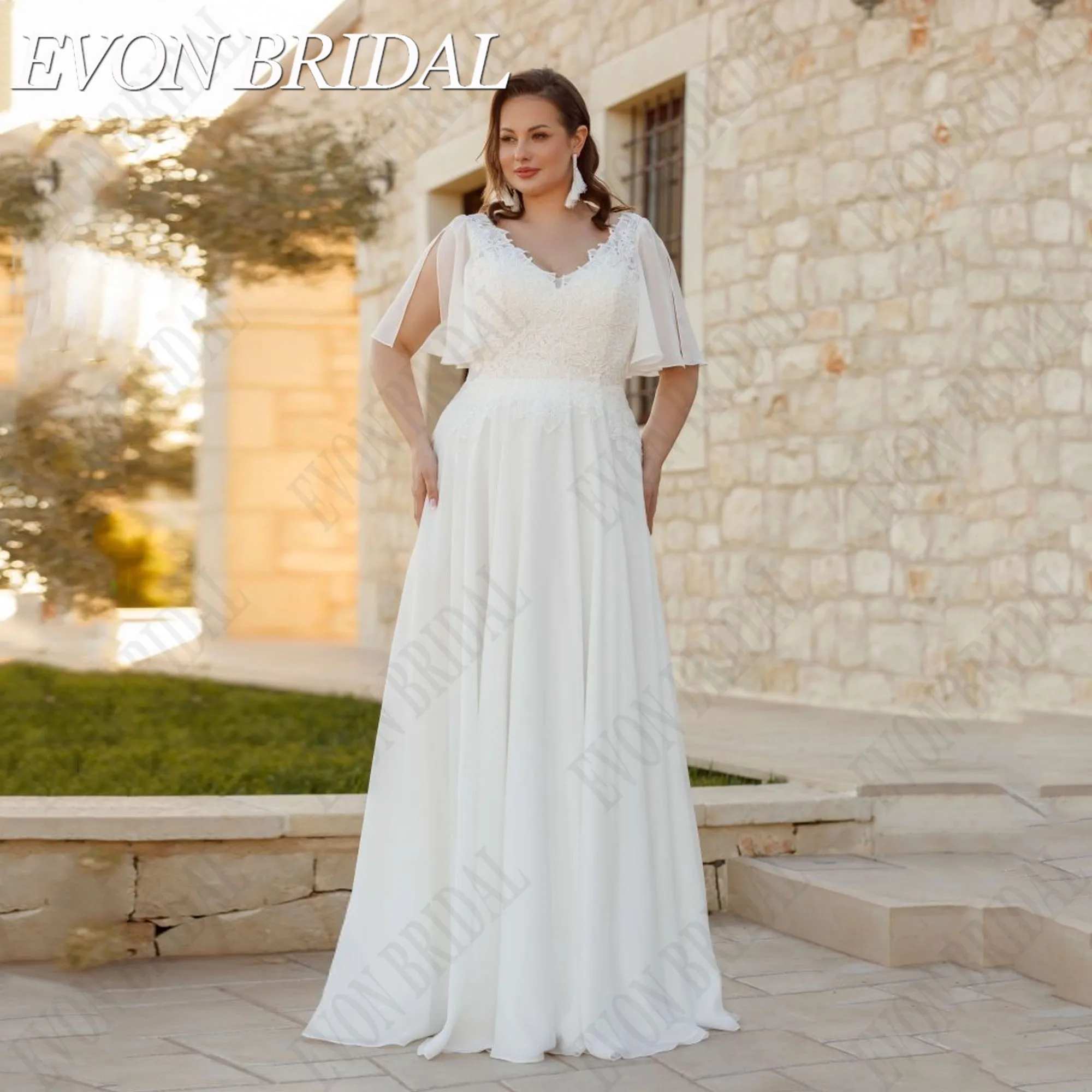 

EVON BRIDAL Plus Size Civil Wedding Dress 2025 Bride V Neck Short Sleeves Chiffon Bride Gowns Applique A-Line Wedding Gowns