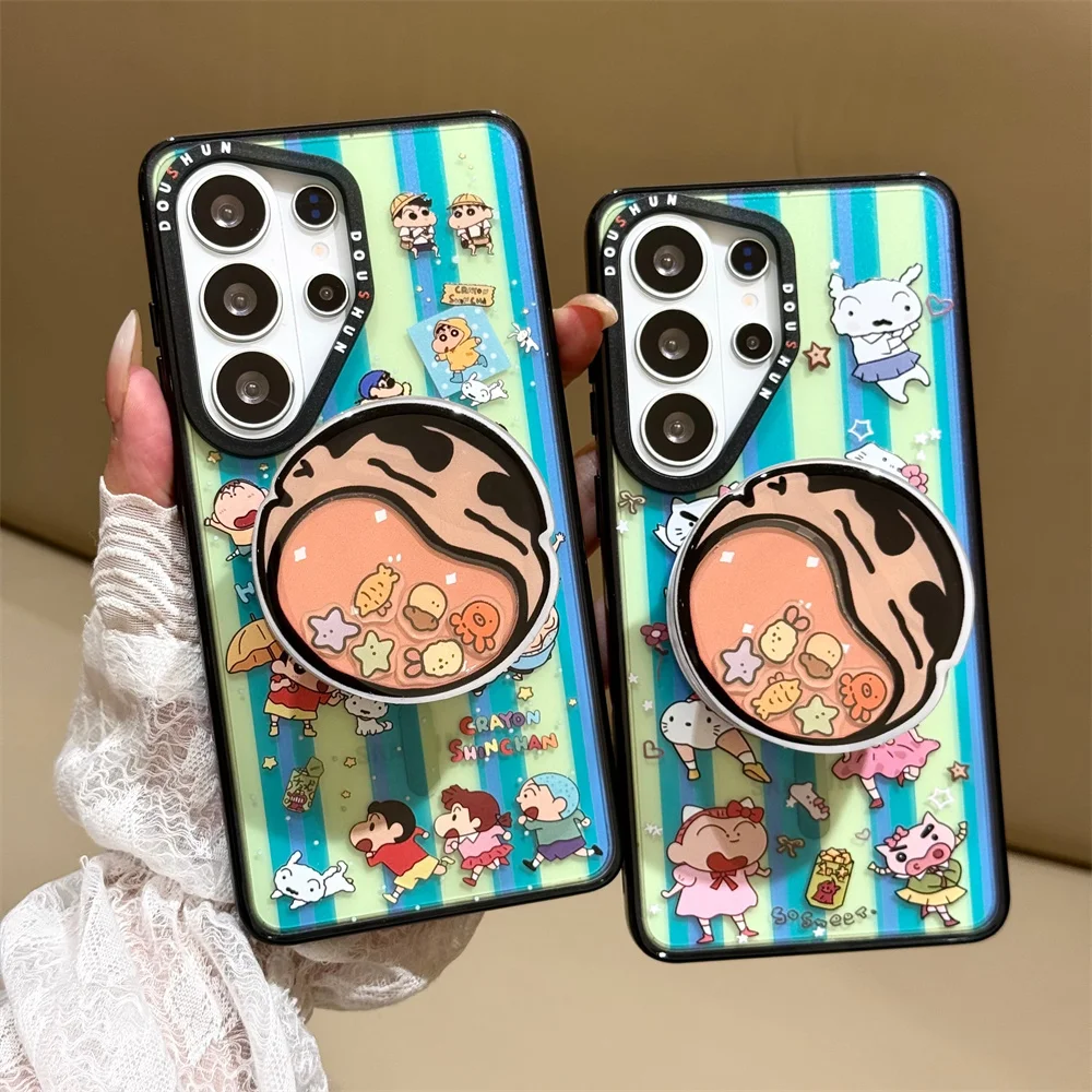 Ins Striped Cartoon Magnetic Phone Case for Samsung Galaxy S25 Ultra S24 Plus S24 25 S26 Cover With Magsafe Shin-chan Stand Chai