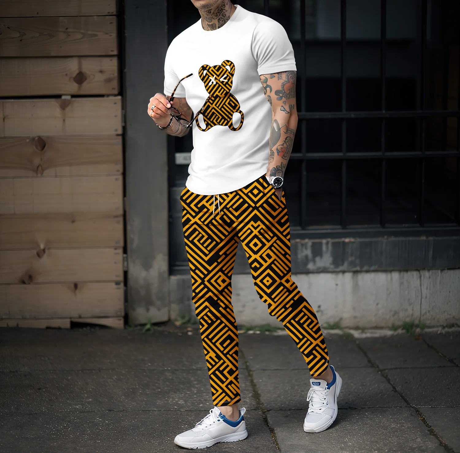 2024 New Men\'s Fashion Cartoon Bear Printed T-shirt Fashion Comfortable Pants Hip Hop Retro Casual Versatile Set Street Clothing