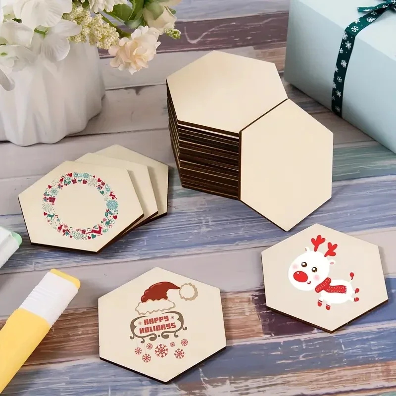 50/100Pcs Unfinished Hexagon Wood Blank Wooden for DIY Crafts Painting Staining Coaster Holiday Festival Wall Home Decoration