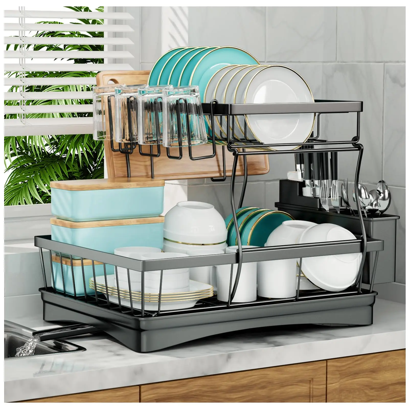 Kitchen Storage Rack, 2 Tier Dish Drainer with Drip Tray and Drainer Mat,with Utensil Holder, Cutlery Drainer，Swivel Spout