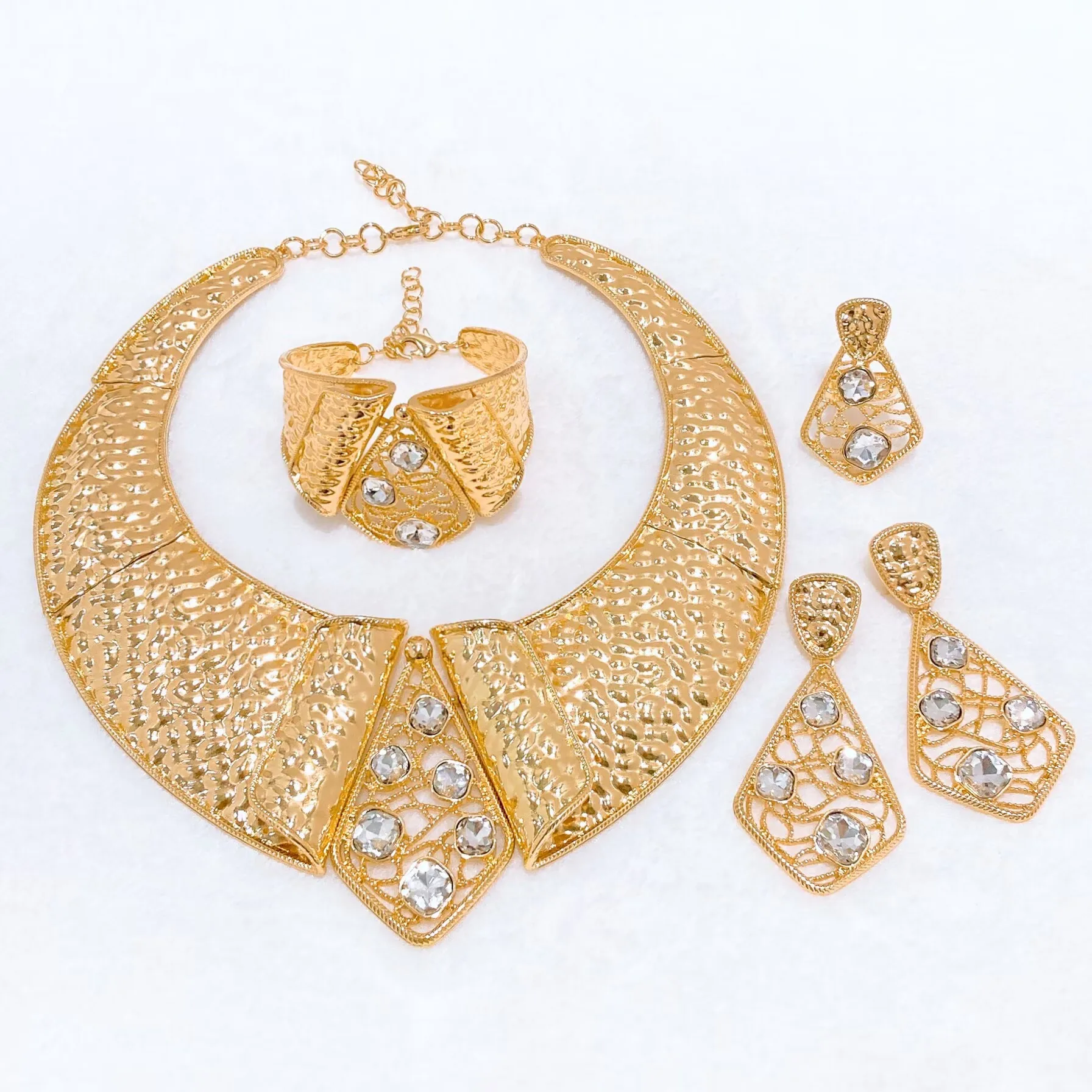 

Yulaili Hammered Mesh Collar Jewelry Set Gold Plated Alloy Nigerian Dubai Women Wedding Party Necklace Earrings Bracelet Ring