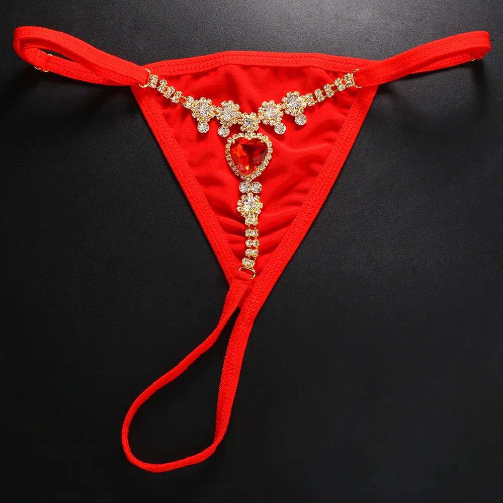 Heart G String Sexy Rhinestone Thongs for Women Underwear Panties Crystal Body Chain Jewelry Elastic Bikini Beach Costume