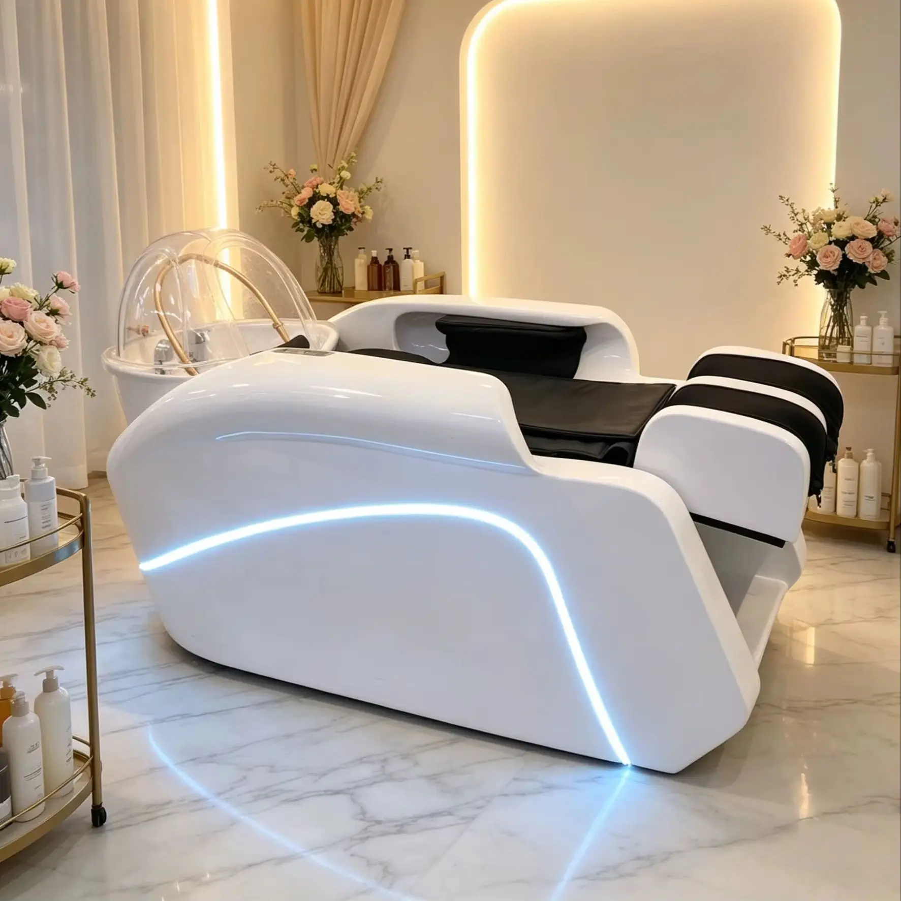 White Massage Shampoo Chair Hydrotherapy with Light Water Circulation Hair Treatment Bed for Head Therapy