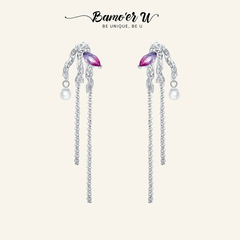 Bamoer U 100% 925 Sterling Silver Shining Zircon Drop Earrings for Female Matching Bridal Wedding Gifts Fine Jewelry