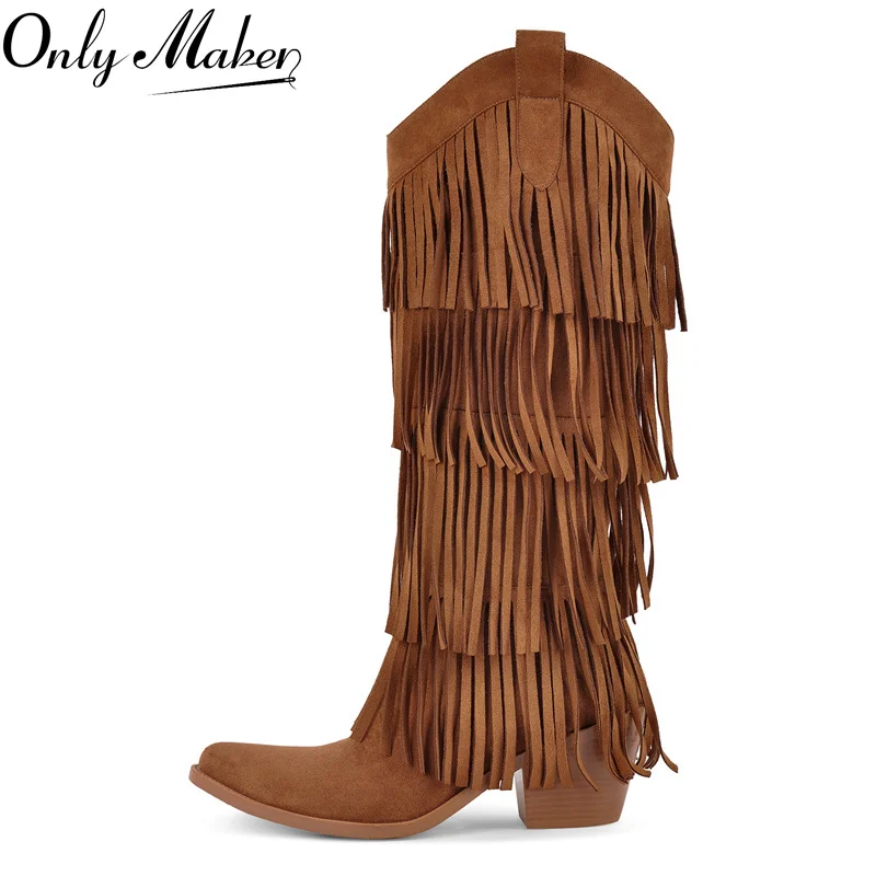 

Onlymaker Women Pointed Toe Fringe Western Boots Comfy Pull On Mid Calf Chunky Heel Pull-on Knee High Boots