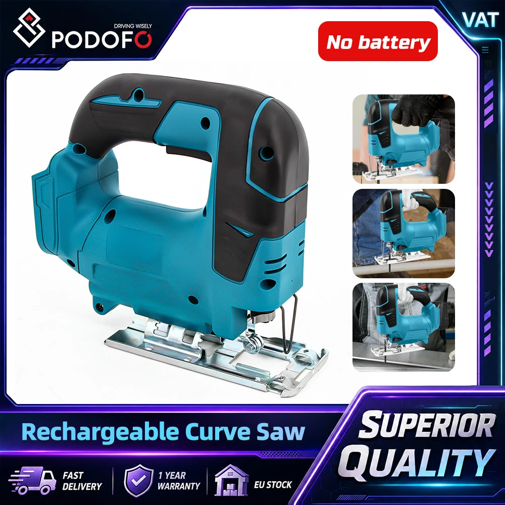 Sierra curva inalámbrica Podofo de 18 V con motor sin escobillas, sierra de mano individual de ABS con ángulo de corte ajustable, doble interruptor de seguridad, sierra eléctrica para cortar madera