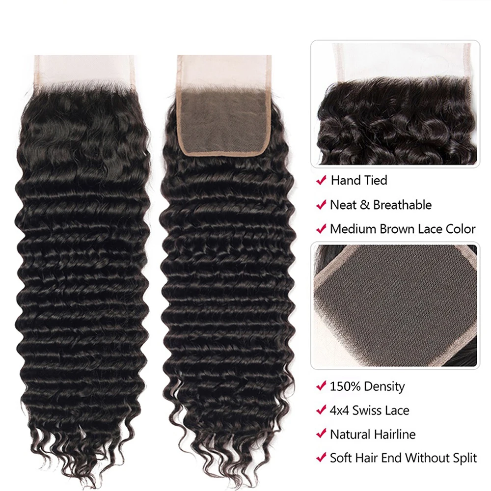 Bundles brésiliens de cheveux humains Deep Wave avec fermeture, cheveux bruts, 100% cheveux humains, extensions de cheveux humains, vrais cheveux humains