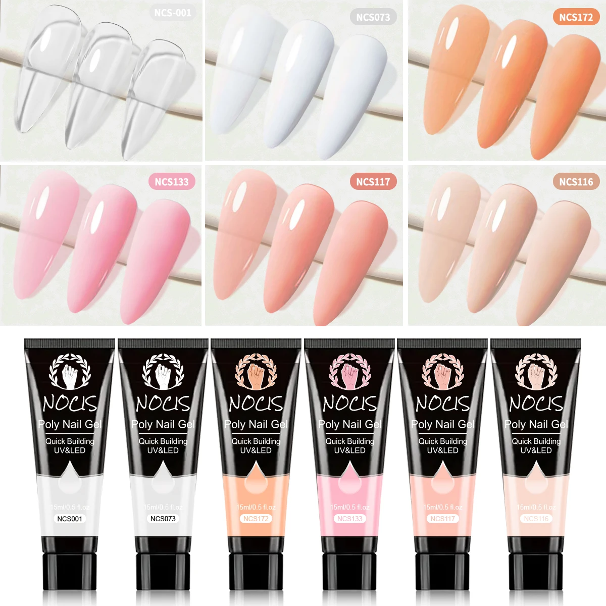 Kit de Gel de Extensión de Uñas NOCIS Poly: Kit de Gel Poly de 6 Colores, Gel Poly Duradero y de Aspecto Natural para Todas las Estaciones, Kit de Inicio para Arte de Uñas DIY