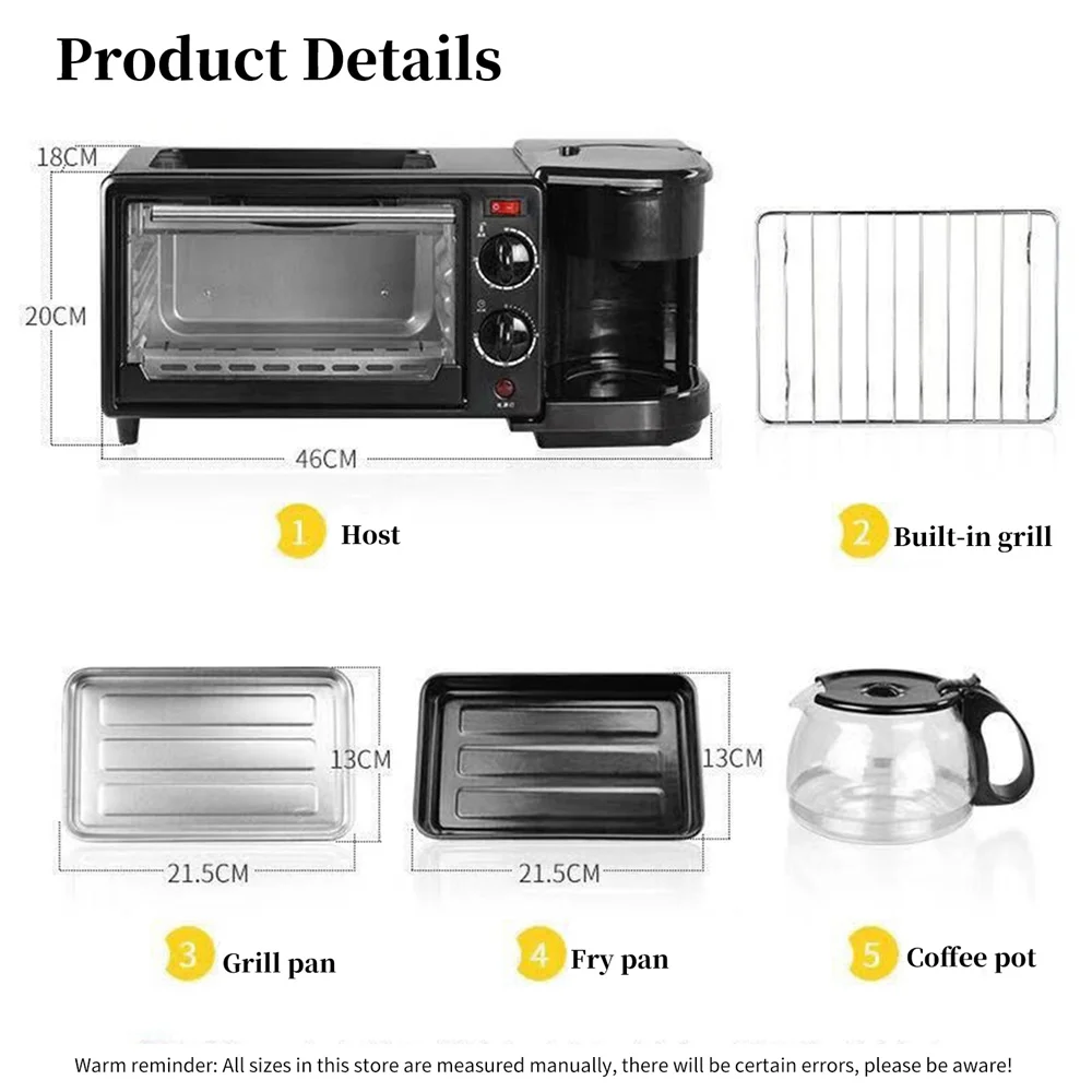 ماكينة إفطار متعددة الوظائف 3 في 1 بقوة 220 فولت، محمصة صغيرة لفرن المطبخ المنزلي وصانع القهوة، للكعك والنقانق وشرائح اللحم