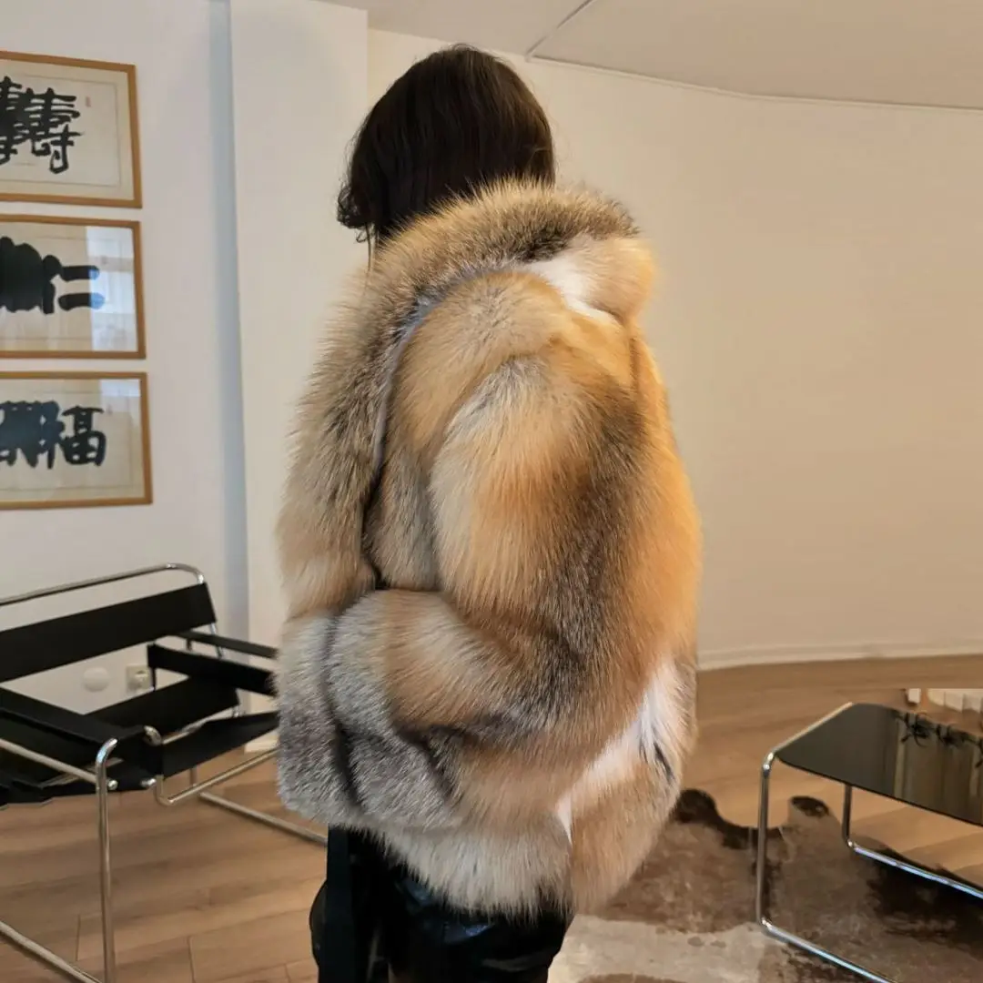 Winter Fashion Real Gold Island Fox Fur Jacket with Turn-down Collar High Quality Full Pelt Genuine Fox Fur Coats Luxury Woman