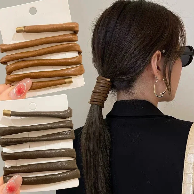 PU skórzane gumki do włosów Scrunchies kobiety prosty długi drut gumka do włosów krawaty pleciona opaska na głowę INS uchwyt na kucyk szpilka nakrycie głowy — zdjęcie 2