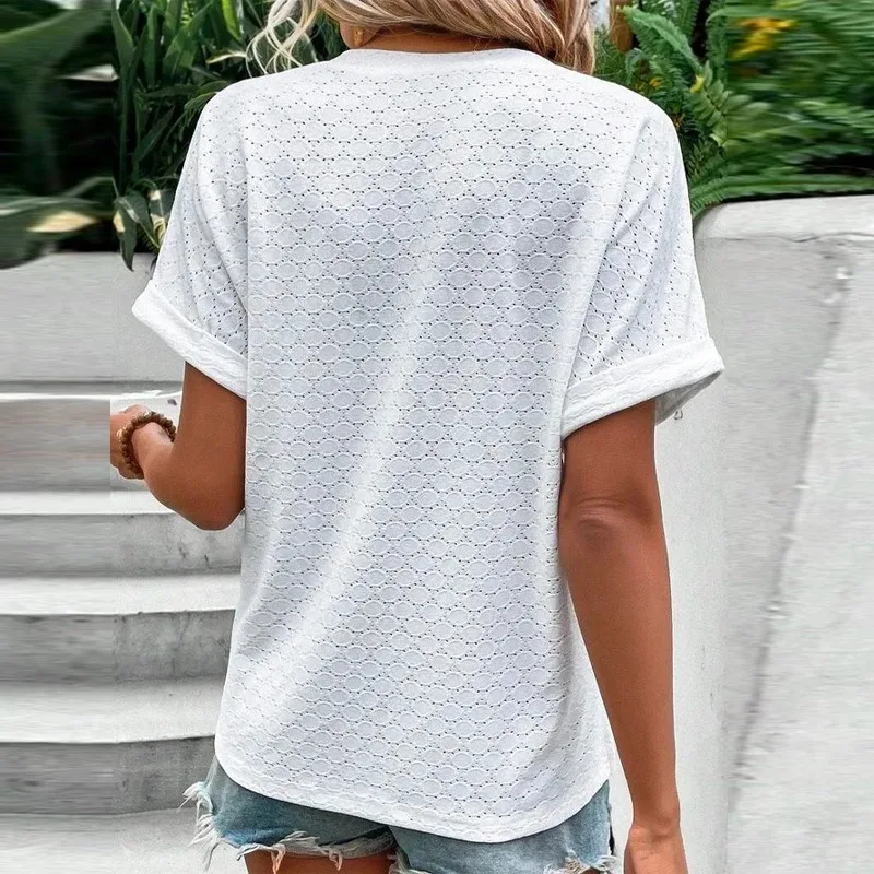 Women Casual T Shirt V Neck Top 2024 Summer Female Fashion Tops Short Sleeve Button Elegant Pullover Trendy Solid Ladies Clothes