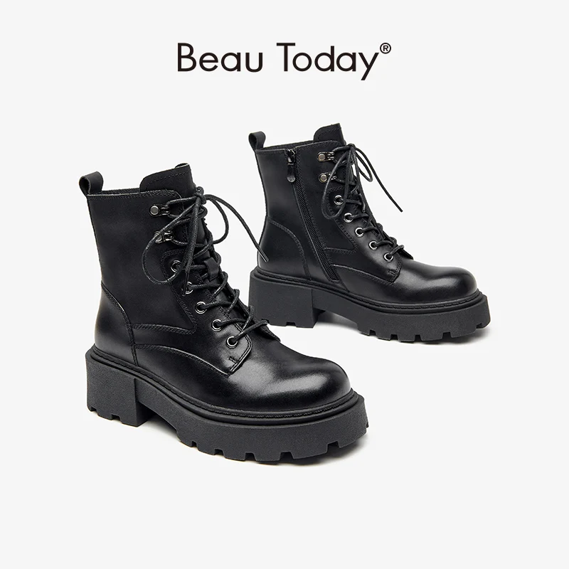 

BeauToday Ankle Boots Women Genuine Cow Leather Cross Tied Round Toe Platform Retro Ladies Motorcycle Booties Handmade 04608