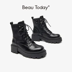 BeauToday Ankle Boots Women Genuine Cow Leather Cross Tied Round Toe Platform Retro Ladies Motorcycle Booties Handmade 04608