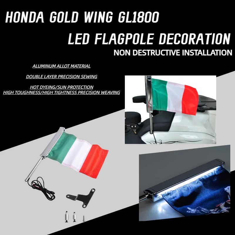 Ala dorada GL1800 accesorios de motocicleta para Honda, Bandera de Italia, Decoración LED, juego de bandera de equipaje de moto de pasajero, asta de bandera, PANICAL