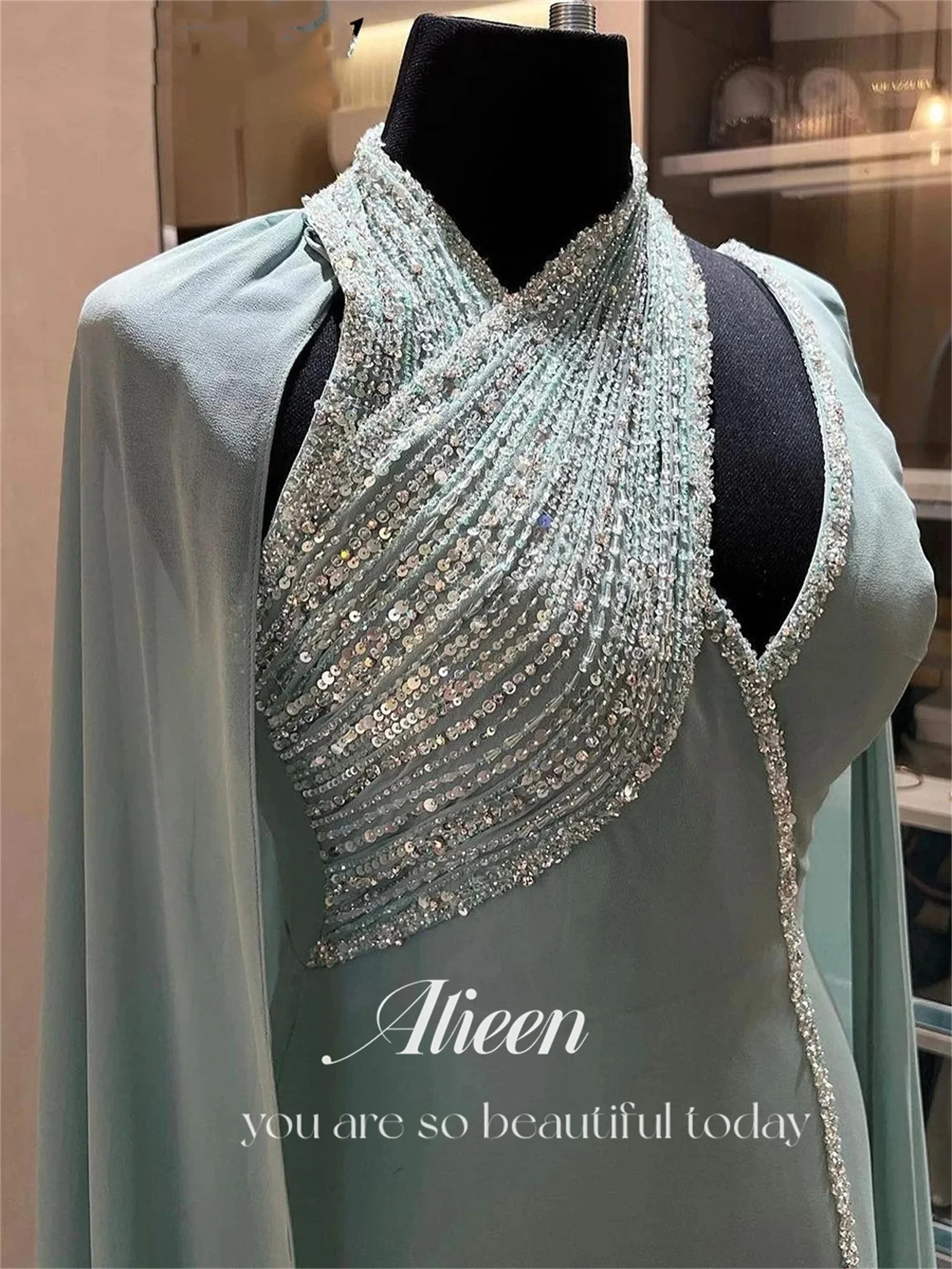 Aileen Mint Green Shawl Beaded Luxury Dubai Evening Gown Elegant Party Dress for Women 2024 Gala Dresses Women's Robe Long Prom