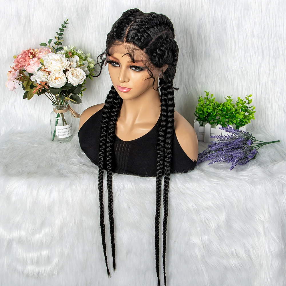 32 inches Large Four Braid Lace Wig for Black Women Braided Wig  Full Lace Box Braids Wig Women Synthetic Braided