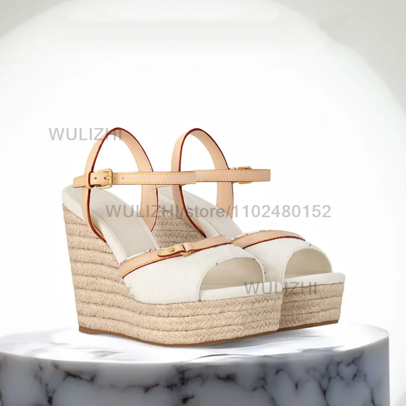 

Grainy White Plaid Wedge Espadarille Platform Woman Open Sandals Pink Slingback Buckle Round Belt Buckle Beach Ethnic Girls Shoe