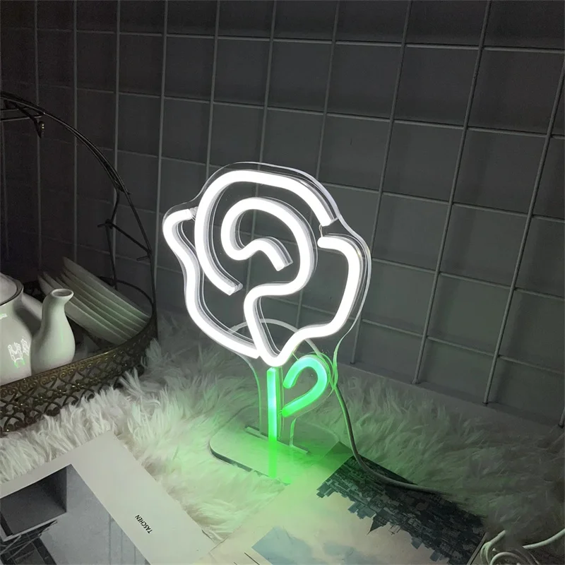 Signe de fleur au néon de rose pour la chambre à coucher, lampe de table, mini lampe de bureau, veilleuse d'alimentation USB, cadeau pour elle, décor à la maison