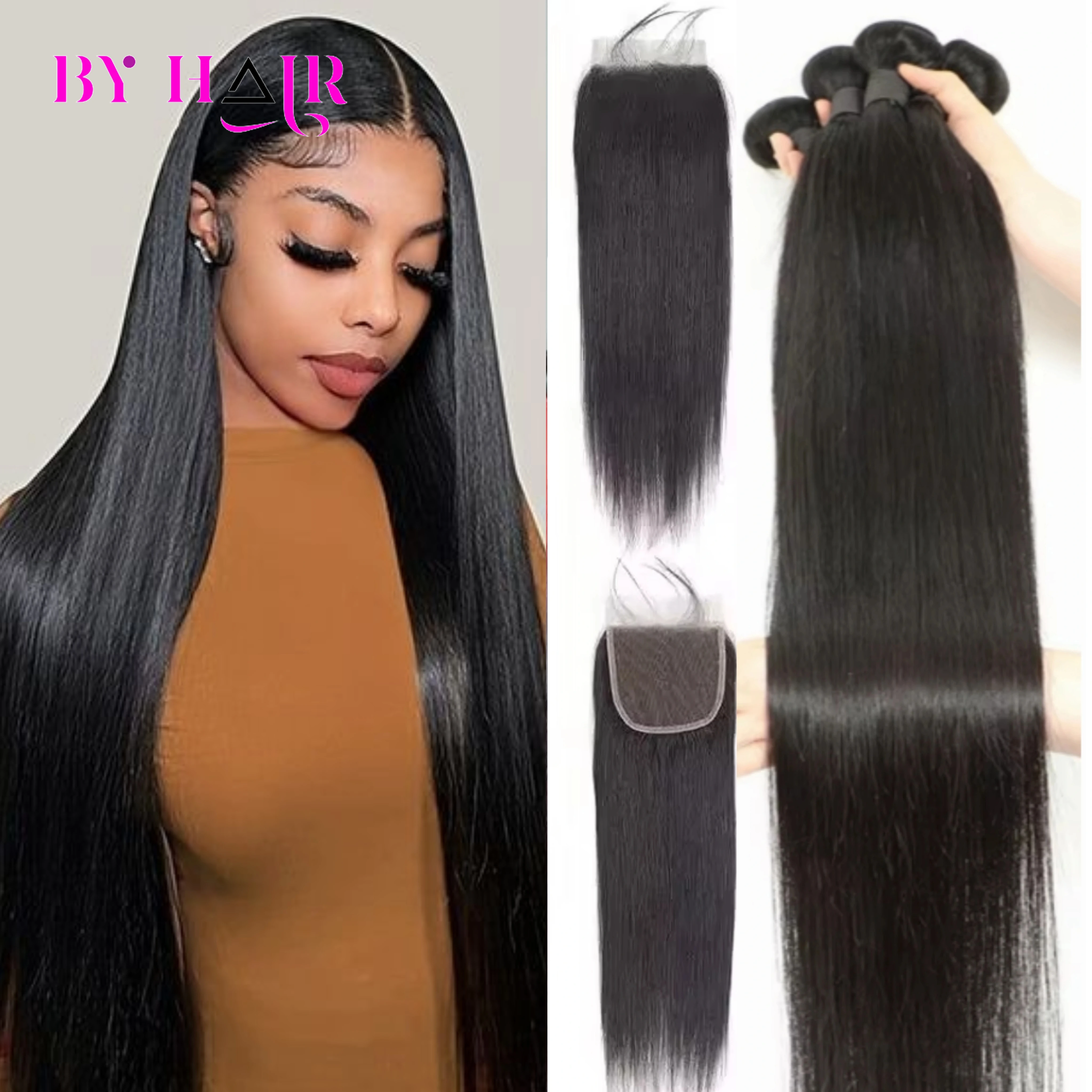 12A Bone Straight Human Hair Bundles With Closure 4x4 Lace Closures With Bundles Brazilian Hair Bundles With Closure Remy Hair