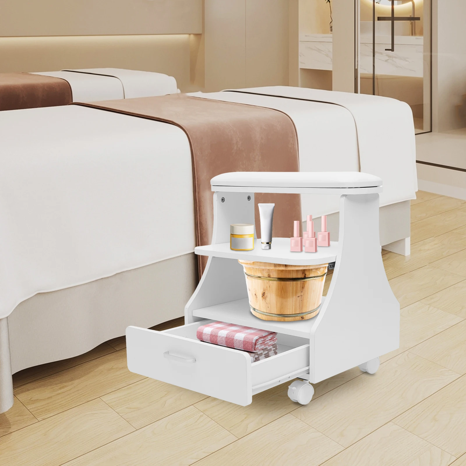 Three-Level Portable Esthetician Trolley Cart, Salon Nail Foot Trolley Cart, with Basket, Four Lockable Wheels, Manicure Pedicure Cart, Easy to Clean, Load Capacity up to 50 kg