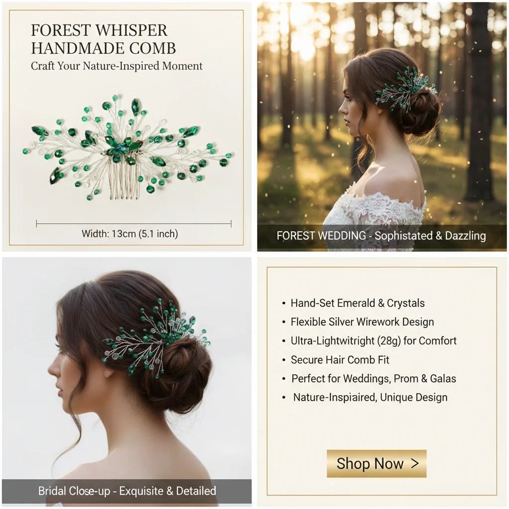 Emerald Green Crystal Wedding Hair Comb Silver Hand-wired Bridal Headpiece Vintage Hair Accessories for Women Prom Party image 2