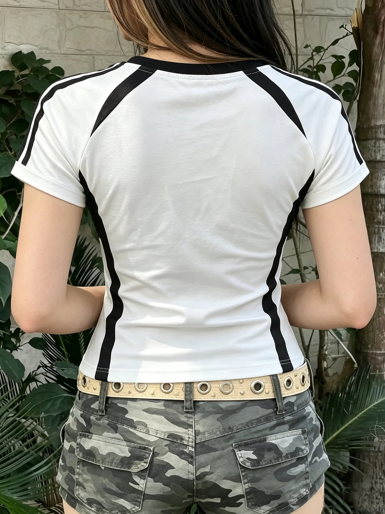Ladies Vintage Racing Stripe Short Sleeve T Shirt O-neck Ribbed Slim Fit Daily Wear Casual Tees