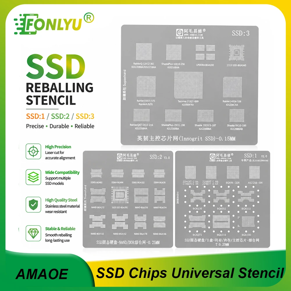 AMAOE Pochoir de Reballing SSD : Gabarit de Soudure pour Puces BGA NAND DDR IC (1/2/3) pour la Réparation et la Retravaillée de Mémoires Flash SSD