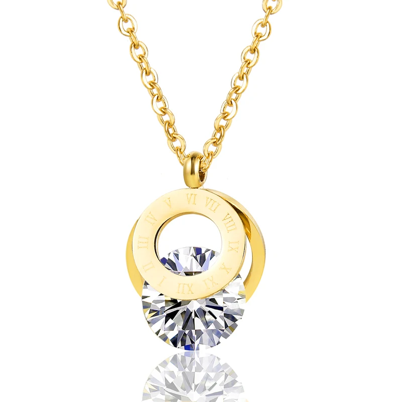 Roman Numeral Double Circle With Shiny Crystal Pendant Necklace High Quality Stainless Steel Love Ketting Jewelry For Women Gift