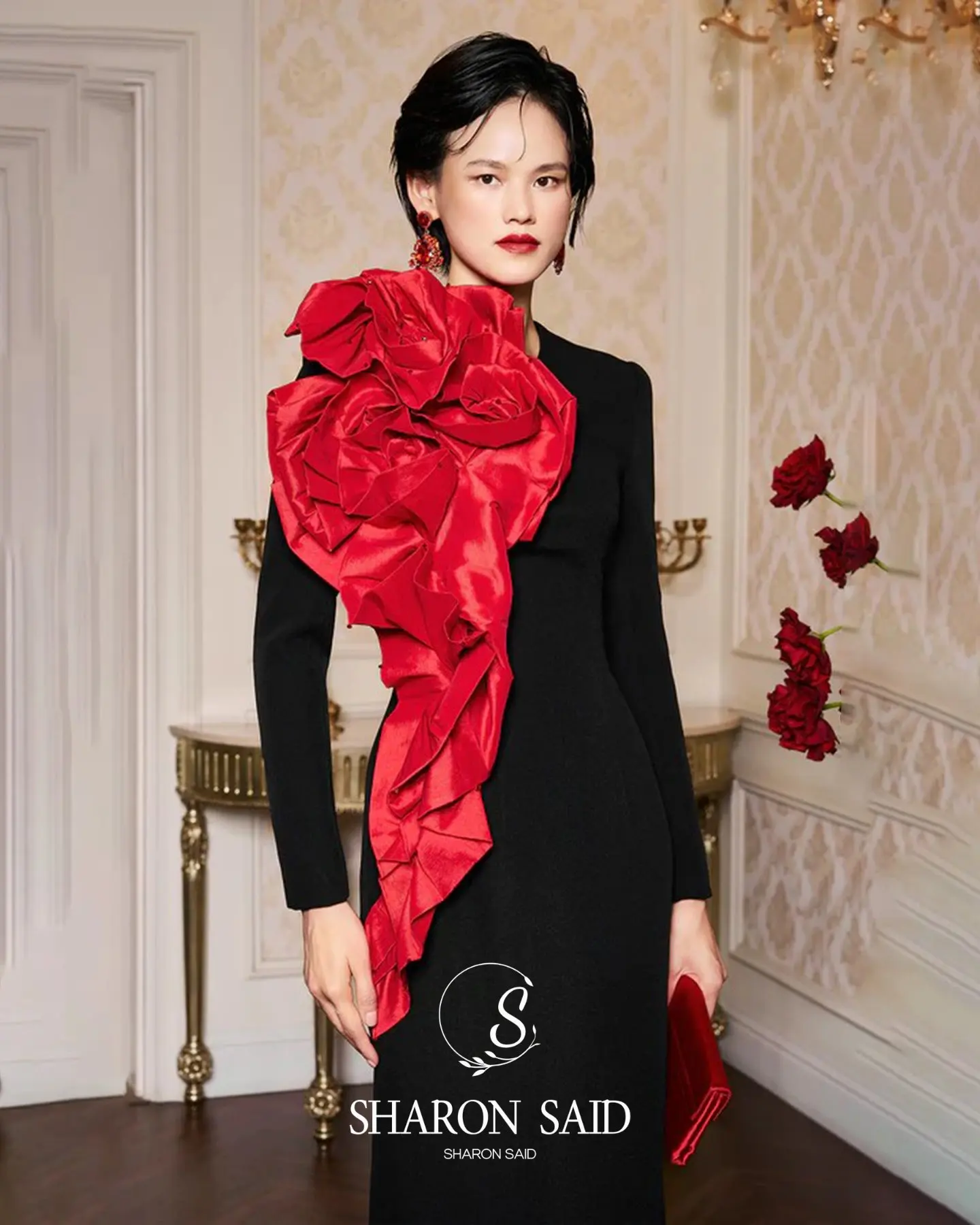 Sharon Said Arabic Black and Red Evening Dress with 3D Flowers Full Sleeve Dubai Wedding Party Gowns SF318 Customized