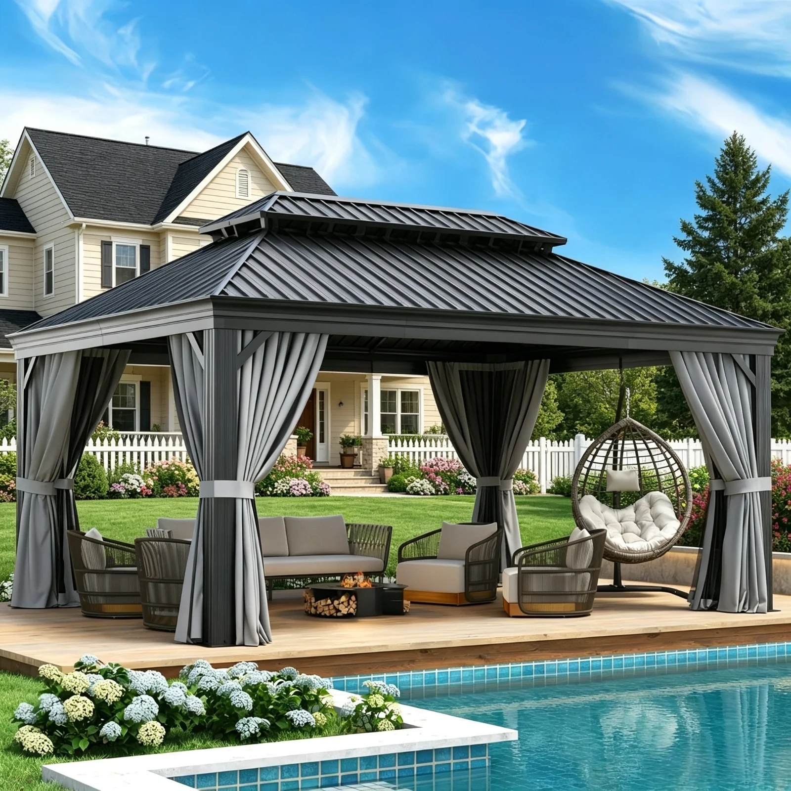 Nordivale12x16FT Hardtop Gazebo With Drainage System Aluminum Outdoor Gazebo With Galvanized Steel Double Roof Patio Permanent Metal Pavilion With Netting For Garden Deckyard Grey