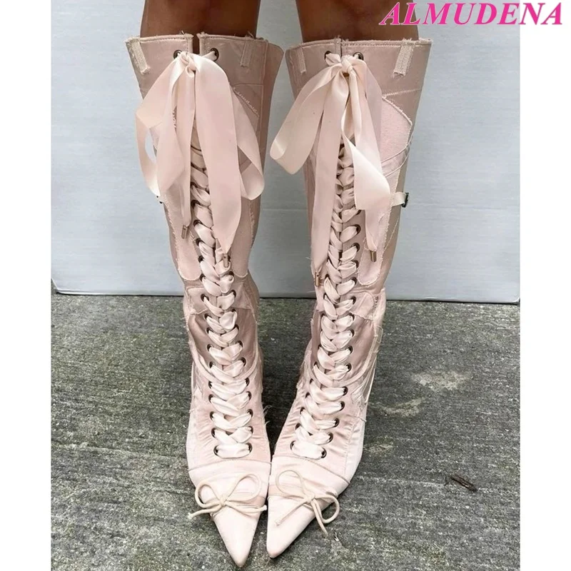 Pink Satin Sweet Bow Mid Calf Boots Women's Pointed Toe Lace up High Heels Booties Big Size Designer Luxury Party Lady Shoes