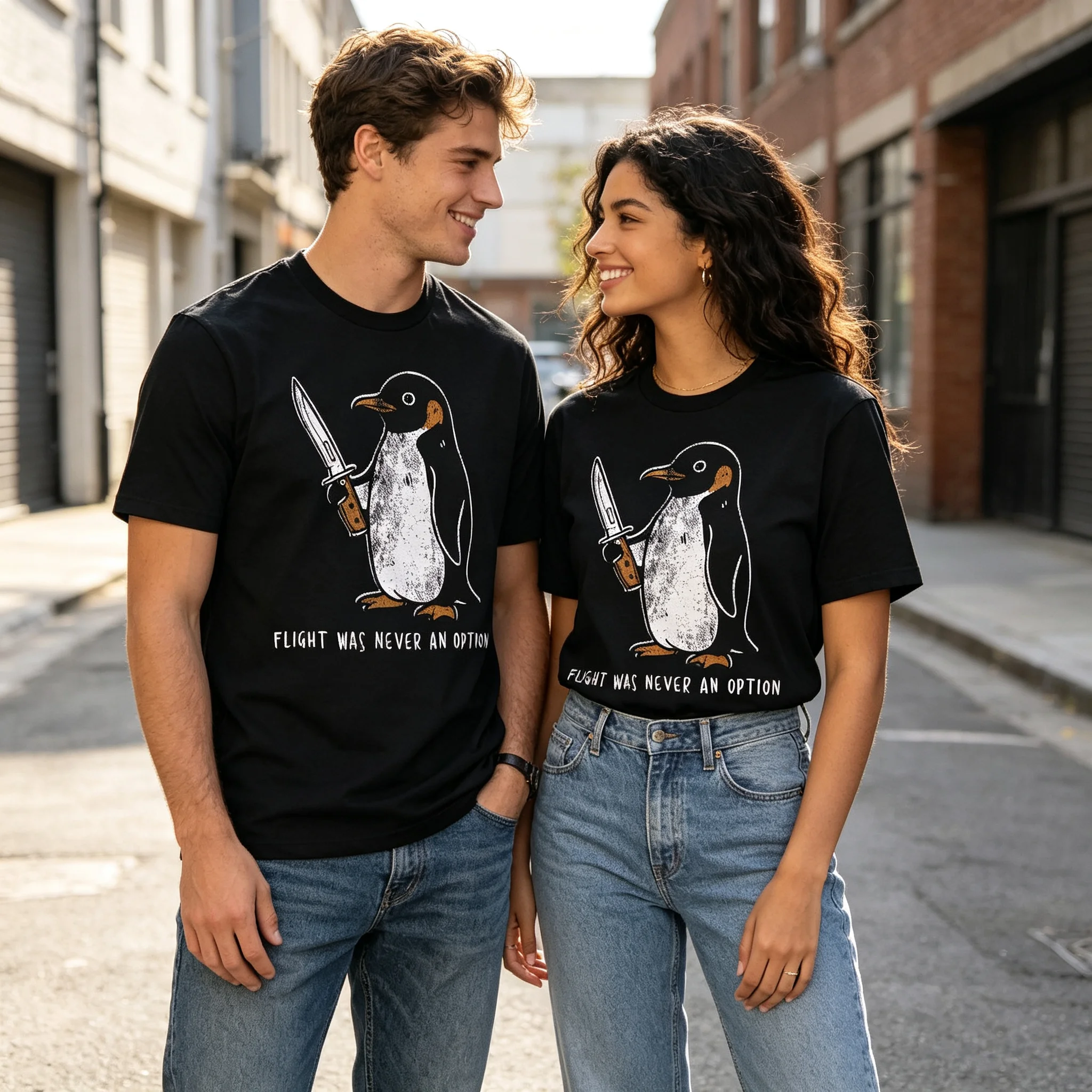 Flight Was Never An Option Graphic T‑Shirt, Funny Penguin Holding Knife Vintage Distressed Print Tee, Hilarious Sarcastic Animal Casual Short Sleeve T‑Shirt