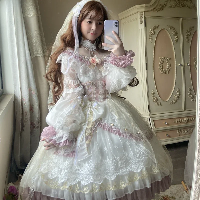 Japońska słodka sukienka Kawaii Lolita kobiety wiktoriańska Vintage suknie ślubne księżniczki dziewczęca koronkowa kokarda elegancka odzież Lolita — zdjęcie 2