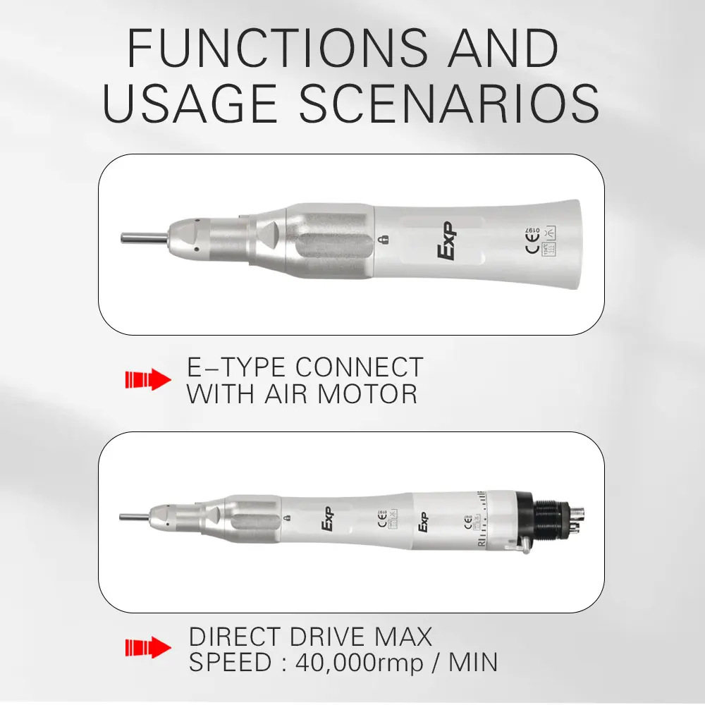 Exp Dental Straight Handpiece 1:1 Low Speed Straight Nose Cone Suit for ø2.35mm Burs E Type External Water Spray Dentist Tool