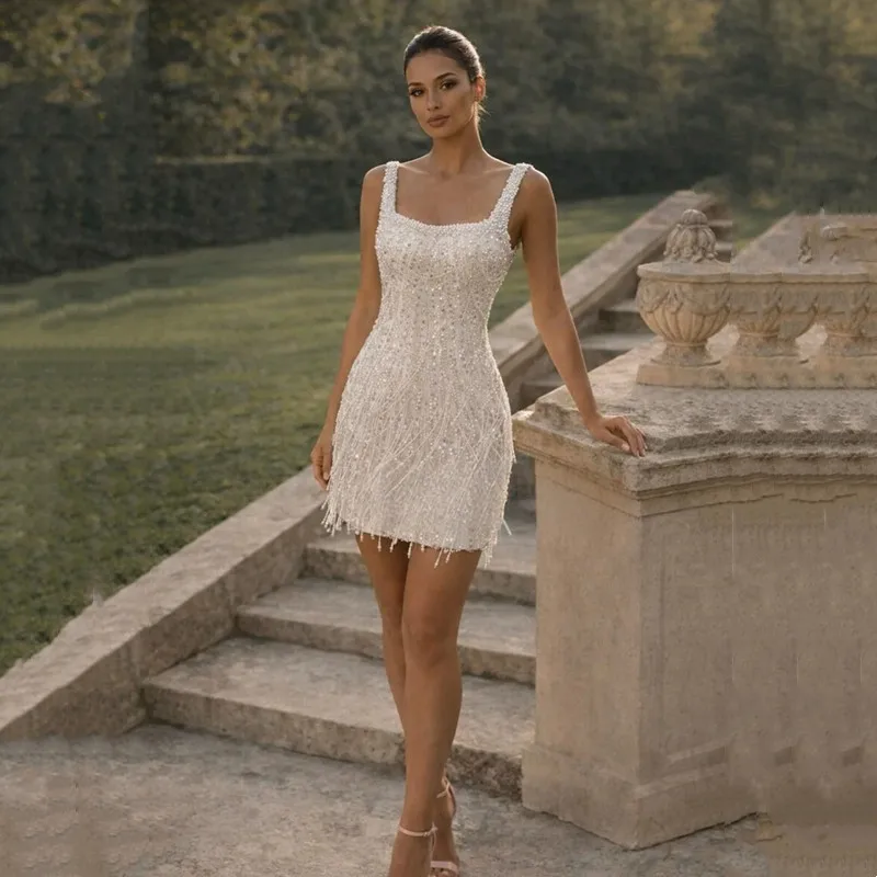 

Exquisite Mini Wedding Dress Sexy Square Collar Open Back Short Dress Spaghetti Straps Pleat Beading Tassel Pearls Customized